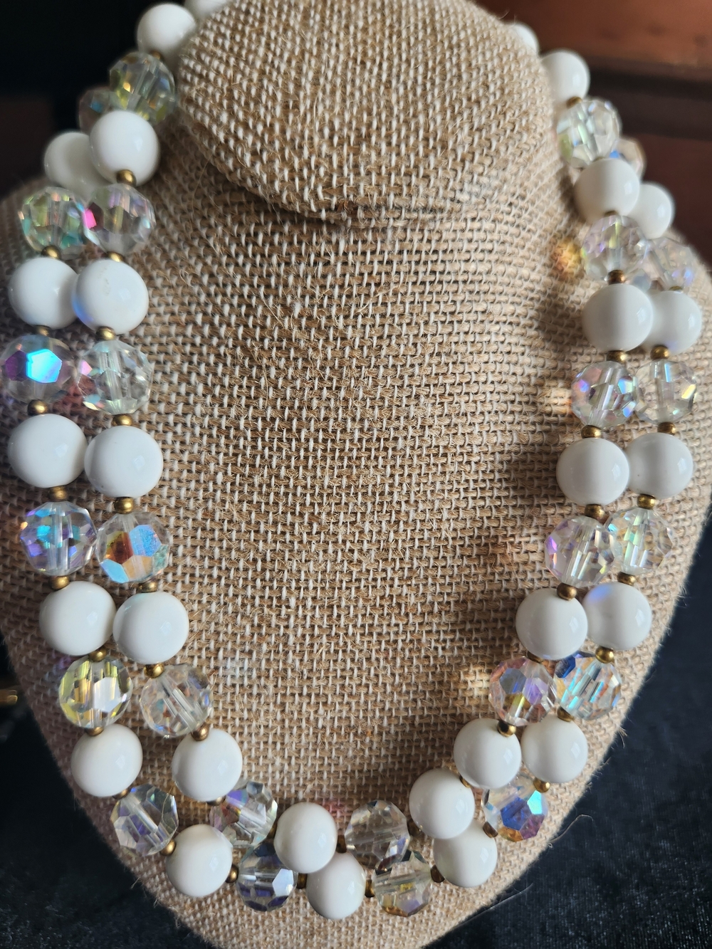 Vintage Signed Lisner Iridescent Crystal and White Bead Statement Necklace
